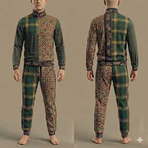 <b>Men's</b> Plaid Printed Tracksuit Set Full Zip <b>Jacket</b> Jogger Pants Casual Autumn Wear Regular Fit 2 Piece Breathable Polyester - Product Image 1