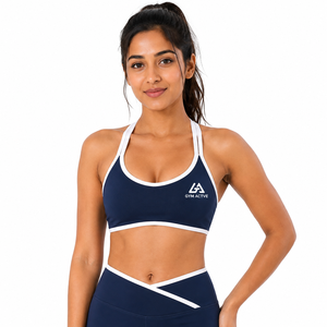 <b>Womens</b> <b>Navy</b> Blue Sports Bra High Waist <b>Leggings</b> Set | Crisscross Straps High Support Polyester Gym Workout Yoga Fitness - Product Image 1
