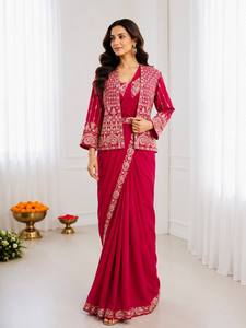 <b>Red</b> Embroidered Indian Pakistani Salwar Kameez Set Heavy Crep Silk Floor-Length Long Sleeve Jacket Pleated Skirt Formal Diwali - Product Image 3