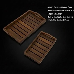 Juego de 2 bandejas de madera para servir con asas – Bandeja de madera de acacia maciza con listones para servir comida, té, café y desayuno - Product Image 2