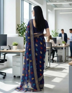 Sari de Georgette KV con Adornos, Rayas y Estampado Floral para Uso Diario - Product Image 4