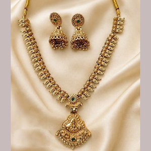 Traditional Goddess Pendant <b>Necklace</b> <b>Set</b> with Jhumka Earrings | Gold Tone <b>Indian</b> Temple Jewelry for Bridal & Wedding Wear - Product Image 2