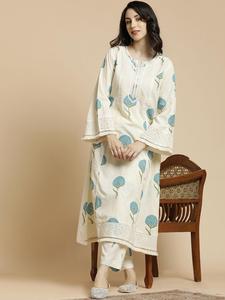 <b>Women</b> Cream Cotton <b>Kurta</b> Set Blue Floral Embroidery Bell Sleeves Regular Fit Knee-Length Quick Dry Digital Print Ethnic Casual - Product Image 1