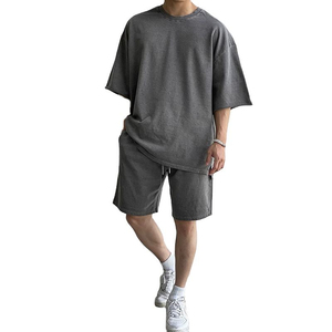 High Quality Breathable Quick Dry Men's <b>Polyester</b>/Cotton Blend Hip Hop Acid Wash Summer T Shirts Jogger Running <b>Shorts</b> Set Two - Product Image 1
