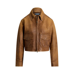 Chaqueta Corta de Cuero para Mujer, Estilo Utilitario, Marrón Desgastado, Aspecto de Cuero de Grano Completo, Bolsillos en Capas, Personalizable OEM ODM, Marca Privada, Ropa Exterior - Product Image 3