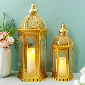 Hand Crafted Golden Lantern Pair Hexagonal Base Glass Panel Intricate Lattice Metalwork Domed Top <b>Candle</b> Warm Glow Ambient - Product Image 2