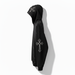 Custom Embroidered Cross Pattern Black Full Zip Cotton Streetwear Hoodies <b>for</b> <b>Men</b> Custom Logo Bulk Apparel Manufacturing - Product Image 4