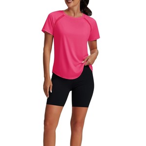 Camiseta Deportiva de Manga Corta con Cuello Redondo y Color Rosa Sólido para Mujer, de Secado Rápido, Tejido de Punto, Ajuste Deportivo, para Primavera/Verano, Gimnasio, ODM OEM - Product Image 3
