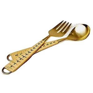 Gold Rattan Knitted Design Modern Handle Salad Serving <b>Set</b> High Quality Stainless Steel Gold Plated Serving <b>Utensil</b> <b>Set</b> - Product Image 1