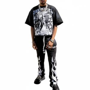 Men's Black Graphic T-<b>Shirt</b> & Jogger Pants 2 Piece Set Streetwear Casual Tracksuit with <b>Flame</b> Print Wholesale Apparel - Product Image 2
