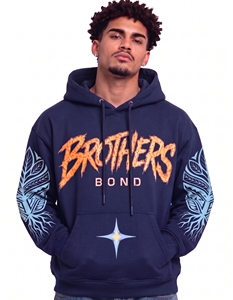 Sweat à capuche épais personnalisé pour homme, bleu marine, avec imprimé graphique texte orange, broderie feuille d'arbre cyan sur la manche, style streetwear, en polaire - Product Image 1