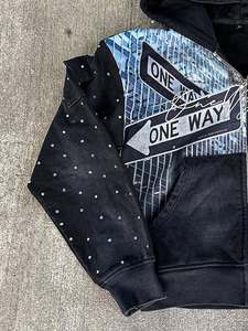 **Custom Rhinestone Graphic Zip Hoodie Acid Wash Streetwear Hoodie Heavyweight Cotton Hoodie with Mixed Media Print OEM Hoodies - Product Image 2