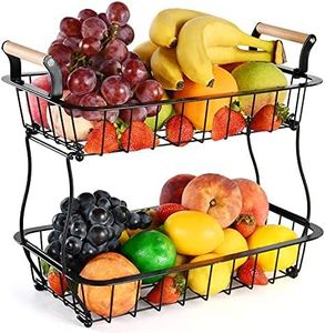 Nouveau design, panier à fruits à deux niveaux en fil métallique noir sur pied avec poignée en bois et support pour bananes - Product Image 3