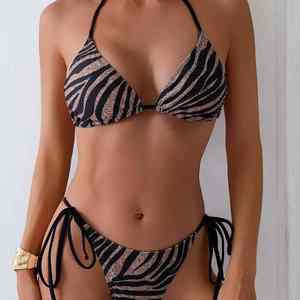 Conjunto de bikini triangular sólido para mujer, sexy, de dos piezas, con lazo lateral, cuello redondo, con aros, tanga de corte alto, de secado rápido, frontal. - Product Image 3