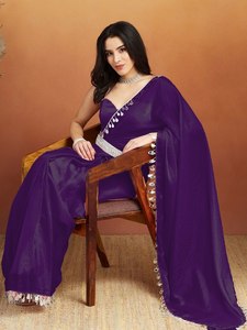 Sari en soie violette élégant pour femme, longueur ras du sol, tenue de mariage, robe ethnique traditionnelle Inde Pakistan, coupe classique toutes saisons - Product Image 1