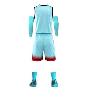 Ensemble de maillot de basketball pour garçons imprimé par sublimation, sans manches, col en V, dégradé bleu-rouge, avec short athlétique anti-humidité et manchons de bras - Product Image 6