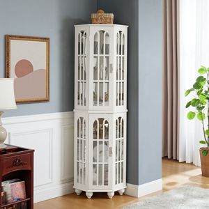 Solid Wood Corner Curio Cabinet 4 Adjustable Tempered Glass Shelves Lighting System <b>Acrylic</b> <b>Mirrored</b> Back Display China Cabinets - Product Image 4