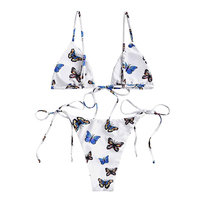 Ensemble de bikini au crochet personnalisé pour chat, unisexe, bleu et blanc, imprimé dessin animé, haut à imprimé dessin animé, bas string, maillot de bain fait main