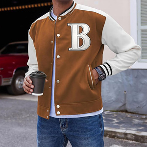 Men's Navy Blue Varsity <b>Jacket</b> With Gold Leather Sleeves Embroidered R Letter Front Preppy Style Autumn Wear - Product Image 2