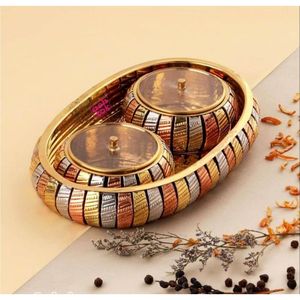 Decorative Metal Dry Fruit <b>Jar</b> Set with Glass Lid Luxury Serving Platter <b>for</b> Home Decor Wedding Gift <b>Kitchen</b> <b>Storage</b> Tray <b>Jars</b> - Product Image 1