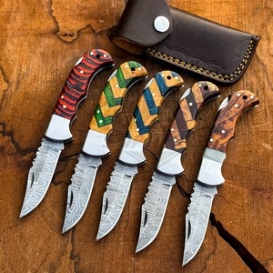 Premium Damascus Steel DIY Camping Folding Pocket Knife Customizable Colorful Handle Clip Point 1 Year Warranty Factory Direct - Product Image 1