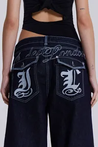 Jeans amples à jambes larges pour femmes, taille haute, style streetwear, avec broderie de logo personnalisé, pantalons en denim pour femmes - Product Image 5