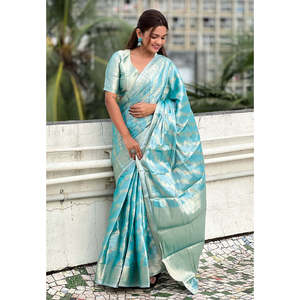 Sky Blue Kanjivaram Soft Tissue Silk Leheriya Traditional Zari Woven Saree Elegant <b>Club</b> <b>Dress</b> - Product Image 1