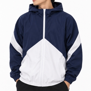 <b>Men</b> Windbreaker <b>Jacket</b> Navy <b>White</b> Color block Lightweight Shell Fabric Hooded Zip Design Sporty Retro Style Contrast Panel - Product Image 1