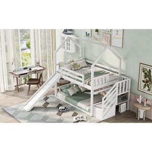 Letto a castello bianco a due piazze con scivolo convertibile e scala contenitore per bambini - Product Image 5