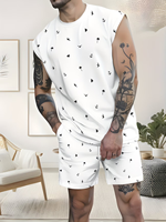 Two Men's Summer Casual Sleepwear Featuring Sleeveless Crew Neck Vests Drawstring Shorts Pockets 100% Cotton Knitted Breathable
