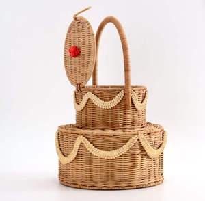 Creative Cake Shaped Rattan Picnic <b>Basket</b> Two Tier Handwoven <b>Wicker</b> <b>Storage</b> Hamper with Lid High Handle Birthday Gift Party Case - Product Image 3