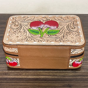 2026 Portable Hand Tooled Leather Jewelry Case Cheery Design Genuine Cow Leather <b>Small</b> Travel Jewelry <b>Box</b> with Zipper for Girls - Product Image 5