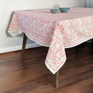 Nappe en coton à motifs floraux imprimés à la main, rose et blanc, 100% coton - Product Image 2