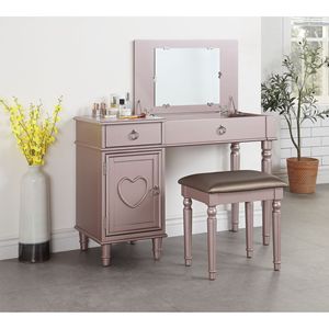 Set di vanità camera da letto in oro rosa con sgabello a specchio aperto cassetti spazio di archiviazione in legno di gomma manici di trazione ad anello-trucco vanità - Product Image 1