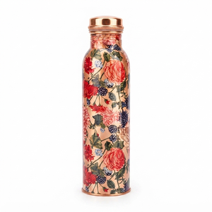 Bouteille d'eau en cuivre artisanale avec motif floral rose, réutilisable, en métal, pour voyage, yoga, maison, bureau, cadeau, vente en gros - Product Image 1