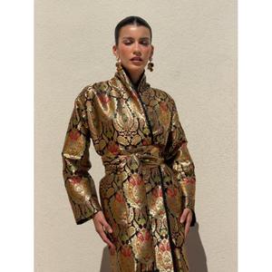 Luxury Kimono-kaftan In Black <b>Gold</b> Silk Brocade Subtle Textured Motif High Neckline Long Straight Silhouette Silk For Women - Product Image 4