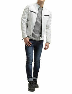 Chaqueta de cuero personalizada de alta calidad para hombre y mujer, clásica, blanca, de otoño e invierno, con cremallera y bolsillos, para motocicleta y ciclismo. - Product Image 4