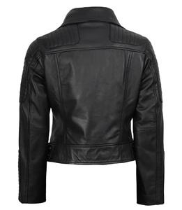 Chaqueta de Motociclista de Cuero Genuino para Mujer, Chaqueta de Moto de Invierno Personalizada al por Mayor, Chaqueta Corta Negra Ajustada de Piel de Oveja Genuina para Mujer - Product Image 2
