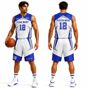 Custom Sublimated Basketball Jersey Set Men's Sleeveless V-Neck 100% Polyester Breathable Uniform Team Name 12 <b>White</b> Blue - Product Image 1