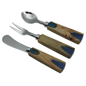 Ensemble de couverts 3 pièces le plus populaire avec manche en résine de bois, style créatif, cuillère à dessert, fourchette et couteau à tartiner, vaisselle de table - Product Image 1