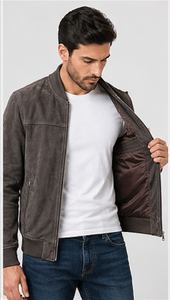 <b>Men's</b> <b>Suede</b> Leather Bomber <b>Jacket</b> Slim Fit Casual Winter Premium Outerwear Stylish ODM Zipper Front Windproof Heated Vintage - Product Image 4