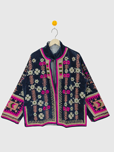 Veste à col mandarin en velours brodée à la main avec des motifs floraux, manches longues, taille plus, vêtements d'hiver pour femmes, style bohème chic - Product Image 1