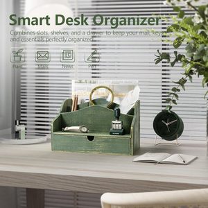 Premium Vintage Handmade Wood Desk Organizer Caddy with <b>Drawer</b> Mail Document Sorter Letter Tray Pen Holder <b>Storage</b> <b>Box</b> Wholesale - Product Image 2
