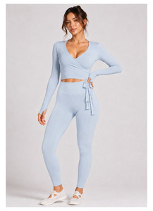 Women's <b>Navy</b> Blue V-Neck Long Sleeve Crop <b>Top</b> With Bow Detail Knitted Sporty Fit For Yoga And Fitness - Product Image 5