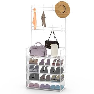 Scarpiera a 5 livelli autoportante con 8 ganci rimovibili, appendiabiti da ingresso antipolvere per organizzare cappelli, vestiti e scarpe - Product Image 5