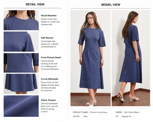 Robe midi en coton 100% pour femmes, coupe évasée avec plis |   Robes d'été décontractées bleues unies à col rond et manches courtes pour filles - Product Image 6