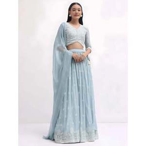 Vestido de Noche Adorable, Lehenga Choli de Georgette con Bordado de Hilo Azul - Product Image 1