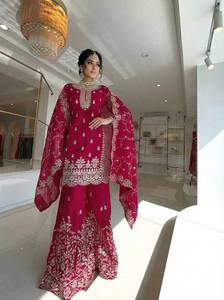 Conjunto de traje palazzo de seda GMY pura con bordado pesado y lentejuelas, mangas largas, listo para usar, atuendo étnico festivo para mujer - Product Image 4