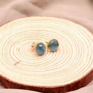 Natural <b>Blue</b> Monalisa Quartz Gemstone <b>Stud</b> <b>Earrings</b>, Vermeil Gold Wedding <b>Stud</b> <b>Earrings</b> For Wholesale Suppliers - Product Image 2