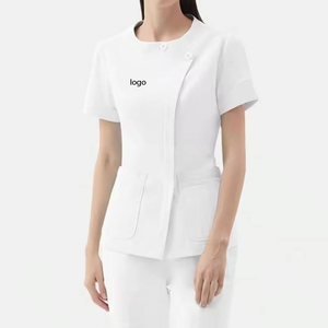 Ensemble d'uniformes médicaux bleu clair à bordure blanche - Chemise à col montant + pantalon droit pour uniformes d'hôpital - Product Image 1